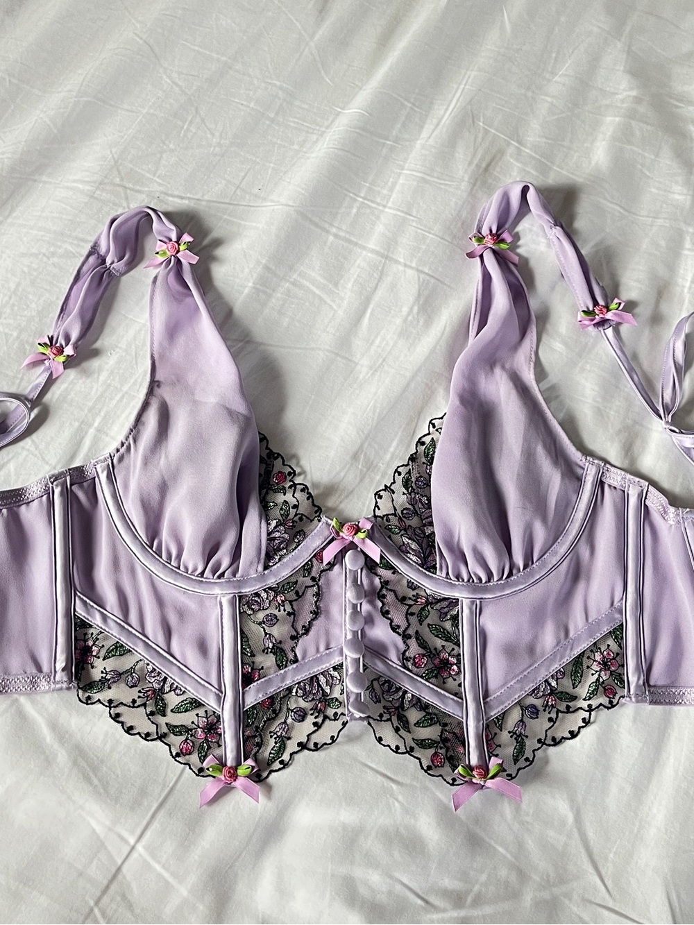 For Love And Lemons Lavender Lace Underwire Bra with Floral Embroidery